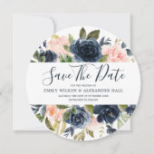Roze & Marineblauwe Waterverf Bloemen Moderne Trou Save The Date (Voorkant)