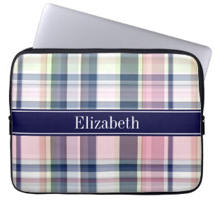 Roze marinegroene witte preppy Madras N Monogram Laptop Sleeve