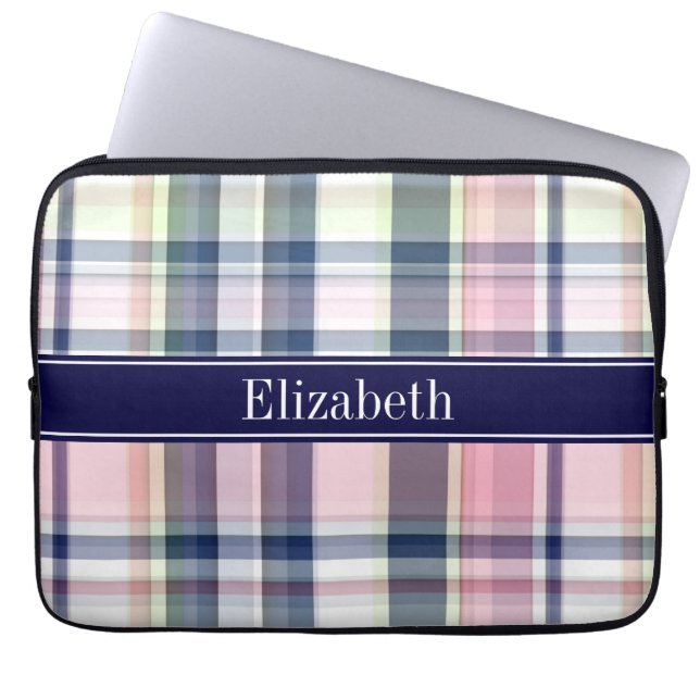 Roze marinegroene witte preppy Madras N Monogram Laptop Sleeve (Voorkant)