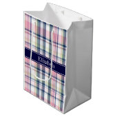 Roze marinegroene witte preppy Madras N Monogram Medium Cadeauzakje (Voorkant Gekanteld)
