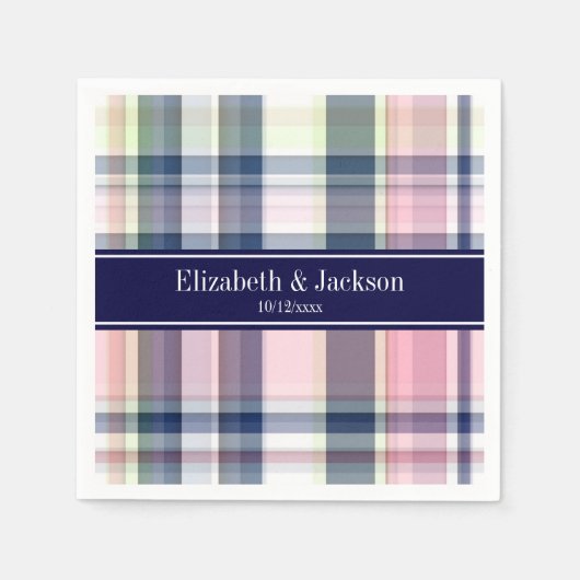 Roze marinegroene witte preppy Madras N Monogram Servet (Voorkant)