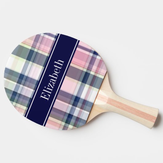 Roze marinegroene witte preppy Madras N Monogram Tafeltennisbatje (Zijkant)