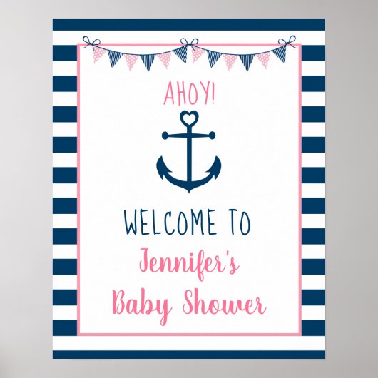 Roze marinemeisje Nautical Anchor Baby shower Welk Poster (Voorkant)