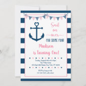 Roze marinemeisje Nautical Anchor Eerste verjaarda Kaart (Voorkant)