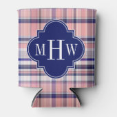 Roze marinewitte preppy Madras Quatrefoil Monogram Blikjeskoeler (Voorkant)