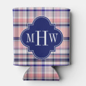 Roze marinewitte preppy Madras Quatrefoil Monogram Blikjeskoeler (Achterkant)