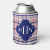 Roze marinewitte preppy Madras Quatrefoil Monogram Blikjeskoeler (Blikje Achterkant)