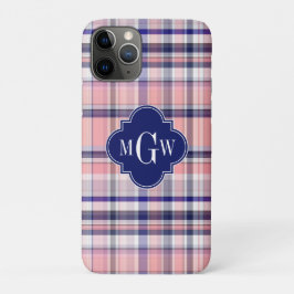 Roze marinewitte preppy Madras Quatrefoil Monogram Case-Mate iPhone Case