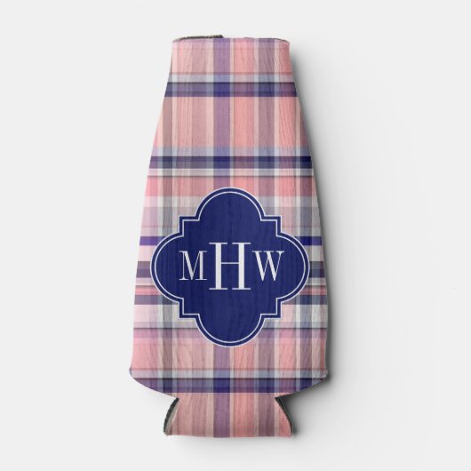 Roze marinewitte preppy Madras Quatrefoil Monogram Flesjeskoeler (Voorkant)