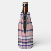 Roze marinewitte preppy Madras Quatrefoil Monogram Flesjeskoeler (Fles Achterkant)