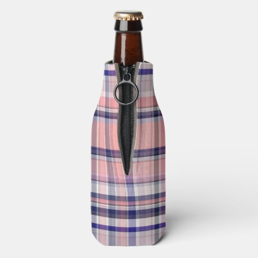 Roze marinewitte preppy Madras Quatrefoil Monogram Flesjeskoeler (Fles Achterkant)