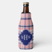 Roze marinewitte preppy Madras Quatrefoil Monogram Flesjeskoeler (Fles Voorkant)