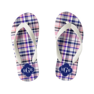 Roze marinewitte preppy Madras Quatrefoil Monogram Kinder Teenslippers