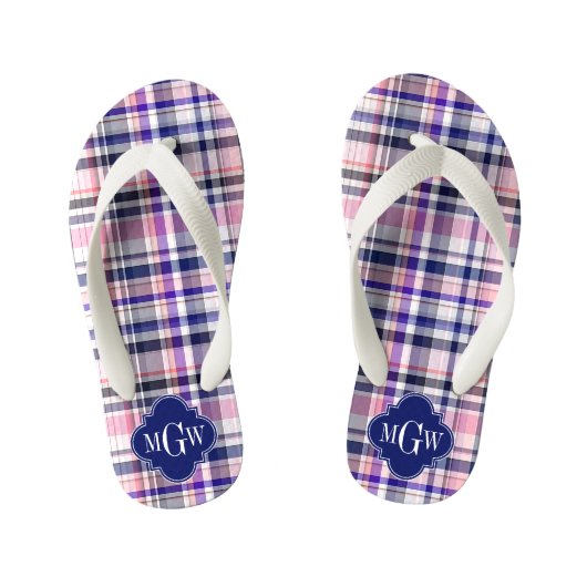 Roze marinewitte preppy Madras Quatrefoil Monogram Kinder Teenslippers (Voetbed)