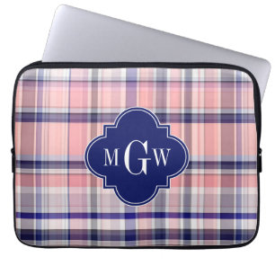 Roze marinewitte preppy Madras Quatrefoil Monogram Laptop Sleeve