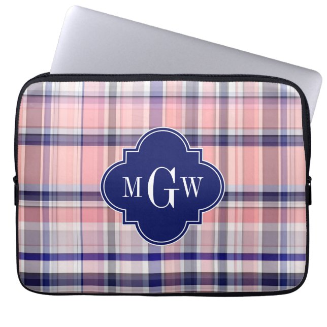 Roze marinewitte preppy Madras Quatrefoil Monogram Laptop Sleeve (Voorkant)