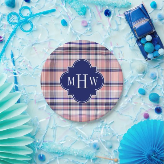 Roze marinewitte preppy Madras Quatrefoil Monogram Papieren Bordje (Feest)