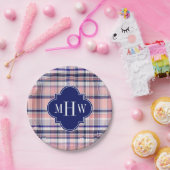 Roze marinewitte preppy Madras Quatrefoil Monogram Papieren Bordje (Feest)