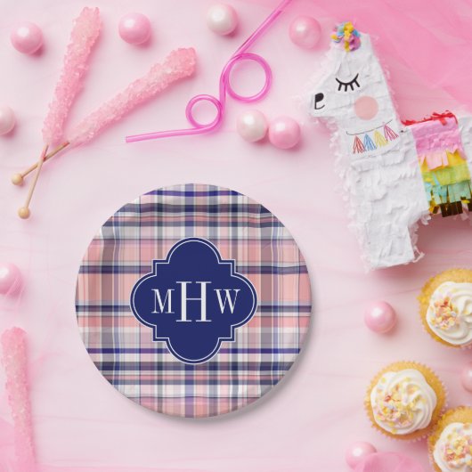 Roze marinewitte preppy Madras Quatrefoil Monogram Papieren Bordje (Feest)