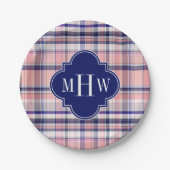 Roze marinewitte preppy Madras Quatrefoil Monogram Papieren Bordje (Voorkant)