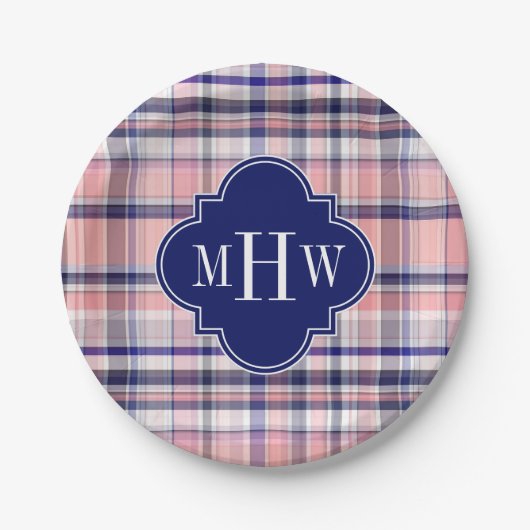 Roze marinewitte preppy Madras Quatrefoil Monogram Papieren Bordje (Voorkant)