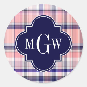 Roze marinewitte preppy Madras Quatrefoil Monogram Ronde Sticker
