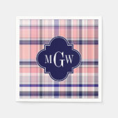 Roze marinewitte preppy Madras Quatrefoil Monogram Servetten (Voorkant)