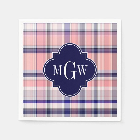 Roze marinewitte preppy Madras Quatrefoil Monogram Servetten (Voorkant)