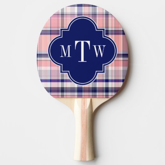 Roze marinewitte preppy Madras Quatrefoil Monogram Tafeltennisbatje (Voorkant)