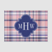 Roze marinewitte preppy Madras Quatrefoil Monogram Tissuepapier (Voorkant)