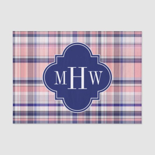 Roze marinewitte preppy Madras Quatrefoil Monogram Tissuepapier (Voorkant)