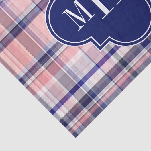 Roze marinewitte preppy Madras Quatrefoil Monogram Tissuepapier (Detail)