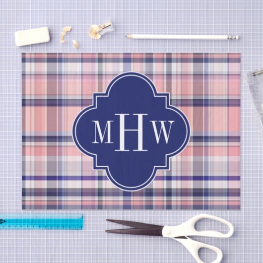 Roze marinewitte preppy Madras Quatrefoil Monogram Tissuepapier (Craft)