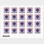 Roze marinewitte preppy Madras Quatrefoil Monogram Vierkante Sticker (Vel)