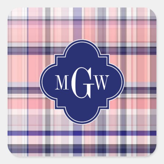 Roze marinewitte preppy Madras Quatrefoil Monogram Vierkante Sticker (Voorkant)