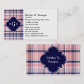 Roze marinewitte preppy Madras Quatrefoil Monogram Visitekaartje (Voorkant / Achterkant)