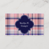 Roze marinewitte preppy Madras Quatrefoil Monogram Visitekaartje (Achterkant)