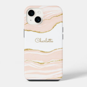 Roze Marmer Agate Goud Glitter Persoonlijk iPhone 14 Hoesje