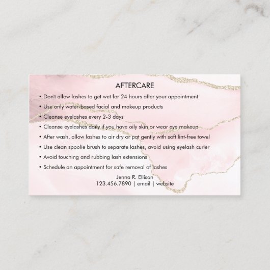 Roze marmer Agate Lash Nacare Instruction Visitekaartje (Achterkant)