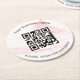 Roze marmer bedrijfsbar restaurant menu qr code ronde kartonnen onderzetter