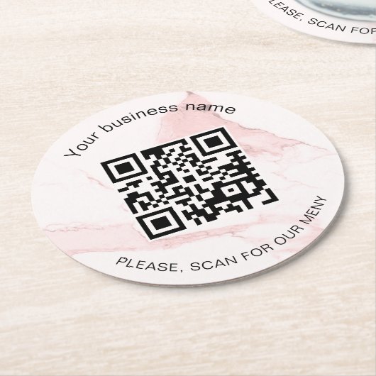 Roze marmer bedrijfsbar restaurant menu qr code ronde kartonnen onderzetter (Gebogen)