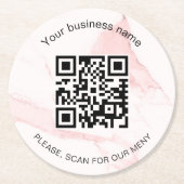 Roze marmer bedrijfsbar restaurant menu qr code ronde kartonnen onderzetter (Voorkant)