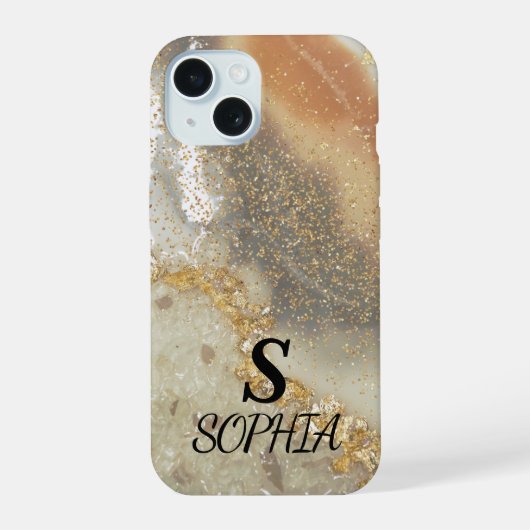 Roze marmer chique gouden glitters monogram iPhone 15 case (Achterkant)