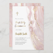 roze marmer | Eerste communie meisje Kaart (Voorkant / Achterkant)