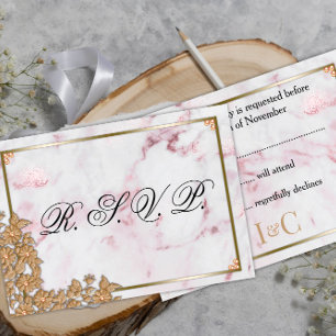 Roze marmer en Golden Pearls Wedding RSVP Kaartje