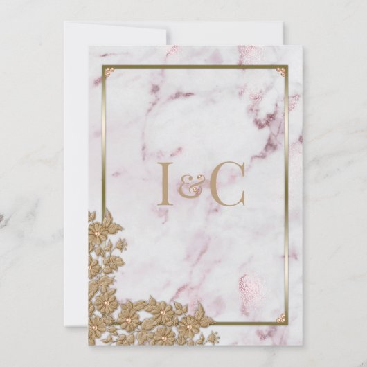 Roze marmer en goudparelbruiloft kaart (Achterkant)