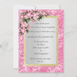 roze marmer florale bruiloft met roze florale goud kaart