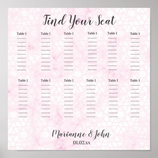 Roze marmer Geometric Wedding Seating Chart Poster (Voorkant)