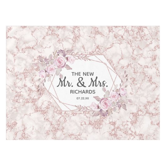 Roze Marmer Geometrisch Frame Trouw Monogram Tafelkleed (Voorkant (Horizontaal))