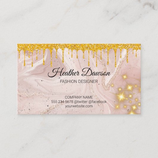 Roze marmer | Glitter Drip (goudglitter) | Golden  Visitekaartje (Voorkant)